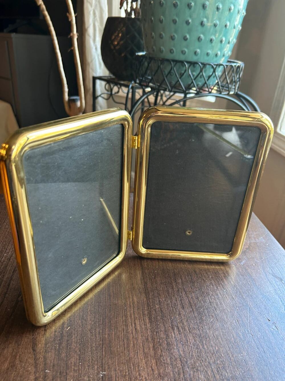 vintage brass double photo hinged bi-fold design and polished gold finish
